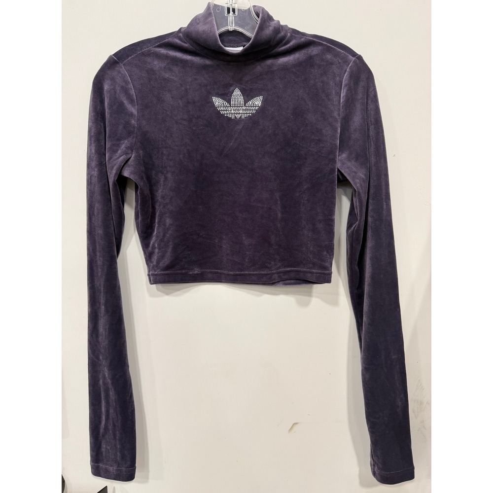 Adidas Bling Crop Top Women S Aurora Black NWT Rhinestone Velvet Mock Neck Top